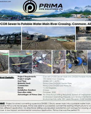 Prima Pipe Solutions converting DN300 sewer to DN250 potable water main in Canmore, Alberta